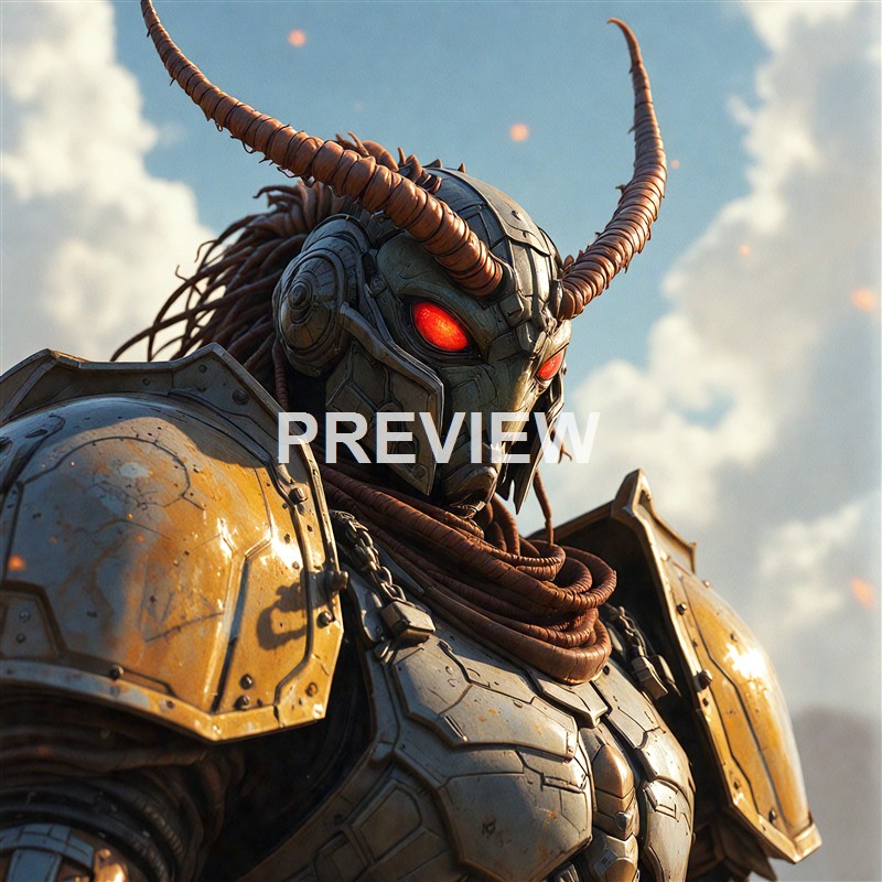 A highly detailed, futuristic robotic warrior with glowing red eyes, wearing yellow armor with signs of wear, set against a background of clouds and sky.